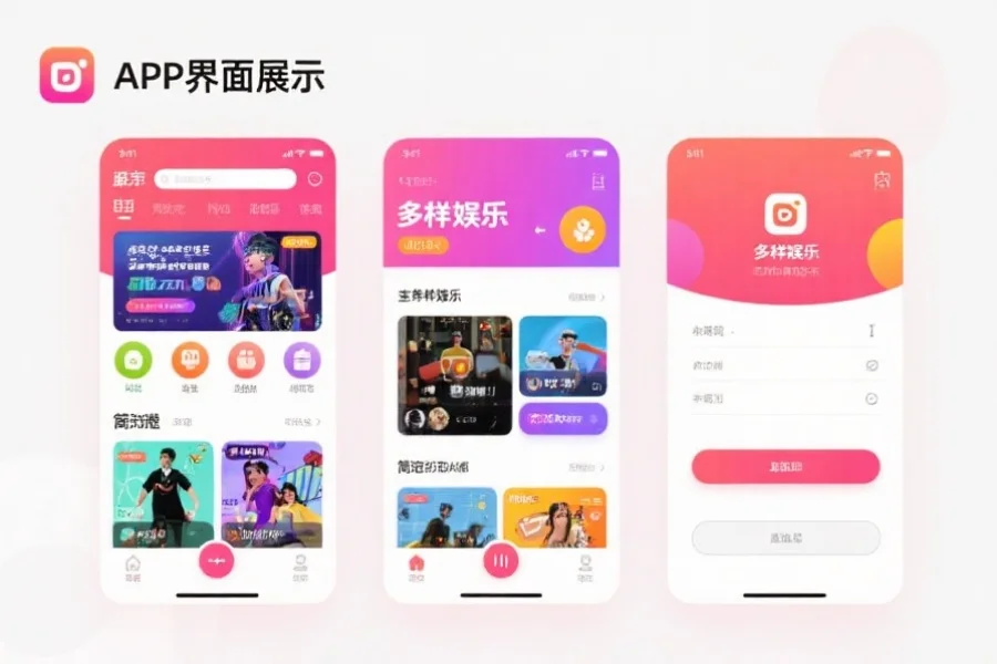 APP界面展示，突出多样化娱乐功能版块和简洁操作流程，色彩明快，吸引眼球