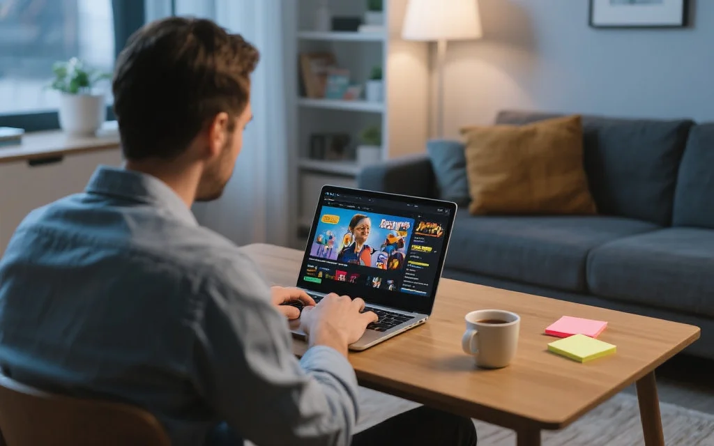 一位用户坐在现代化客厅中，使用笔记本电脑浏览娱乐网站，桌上有咖啡杯和便签