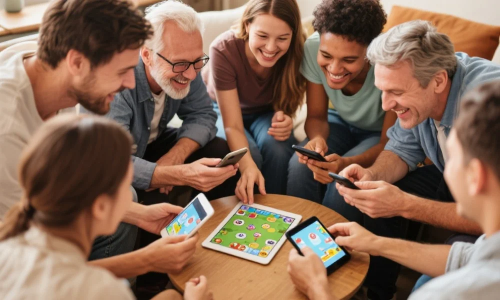 多个不同性别年龄的人们围坐在一起，微笑着一起玩平板和手机上的休闲游戏，气氛轻松愉快